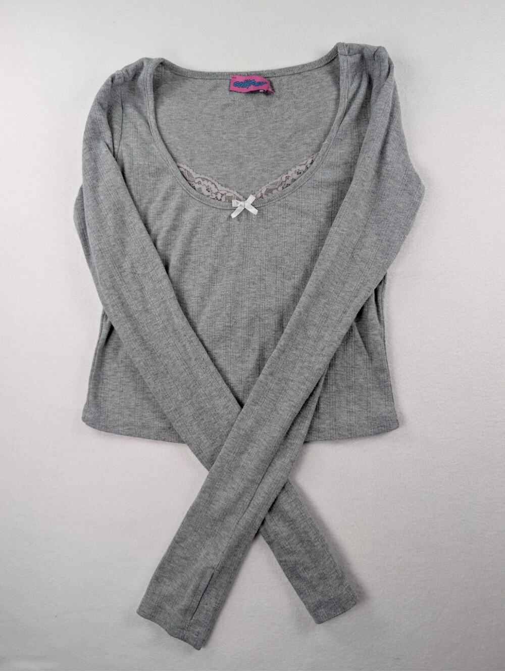 Edikted Gray Lace Trim Bow Long Sleeve Top XS Coquette Y2K